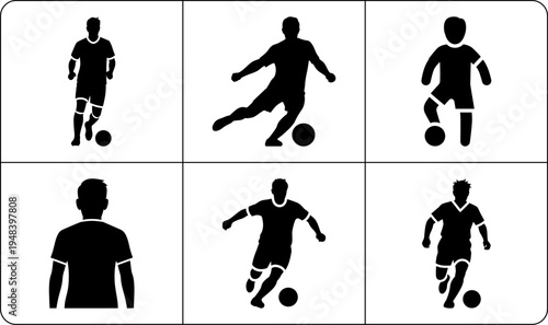 A collection of black soccer player silhouettes in different poses, showcasing various actions and movements on the field.