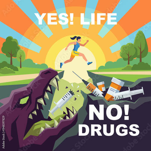 An impactful illustration promotes a strong anti-drug message, showcasing a runner overcoming obstacles while symbolizing empowerment, health, and a commitment to life's potential.