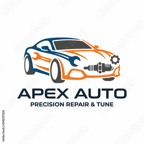 This logo for Apex Auto represents precision in automotive repair and tuning, featuring a sleek car design combined with mechanical elements for a professional appeal.