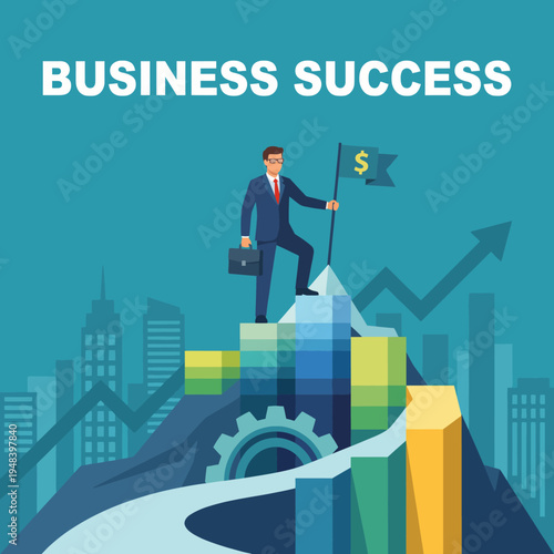 The business success image shows a businessman triumphantly standing on a mountain of success, symbolizing achievement, growth, and determination in the corporate landscape.