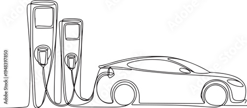 Electric Car Charging Station Line Art Keywords: electric car, EV, charging station, charger