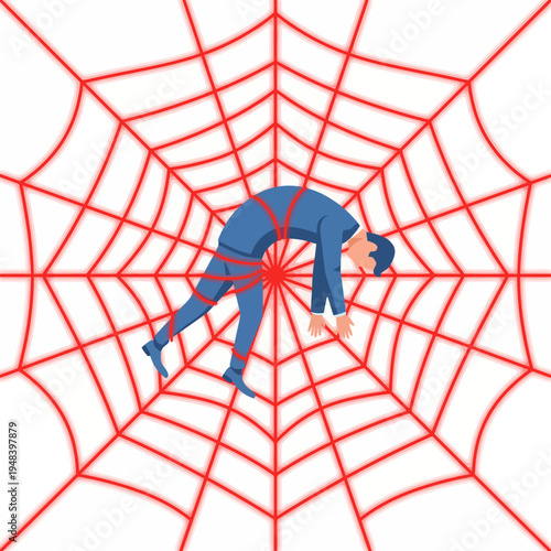 This image depicts a man caught in a vibrant red spider web, symbolizing feelings of entrapment and struggle in everyday life and work situations as conveyed through art.