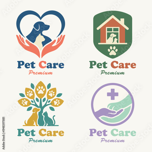 This collection features four unique pet care logos, each highlighting care and love for pets through a blend of colorful designs and symbols representing animals and home.