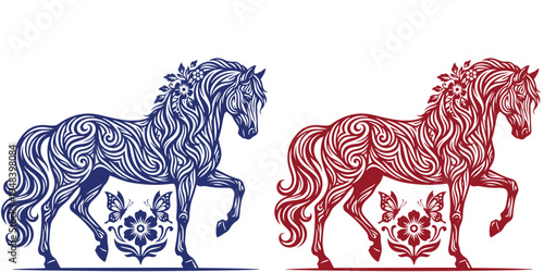 Ornamental horse vector set with floral patterns butterflies and decorative swirls.