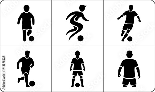 A collection of six black soccer player silhouettes in different poses on a white background, showcasing various actions like kicking, running, and jumping, highlighting athletic movement and energy.