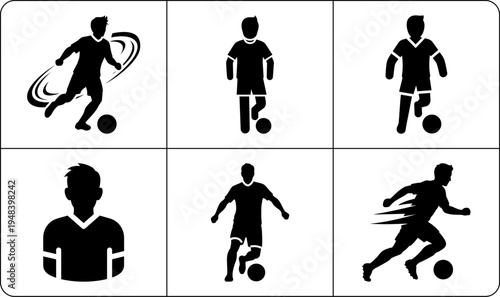 A collection of black silhouettes depicting a soccer player in various poses, showcasing different movements and actions on the field.