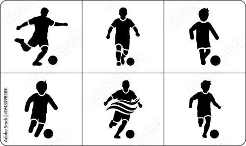 A set of six black silhouettes of soccer players in various poses, showcasing different movements and actions on a white background, highlighting the dynamic nature of the sport.