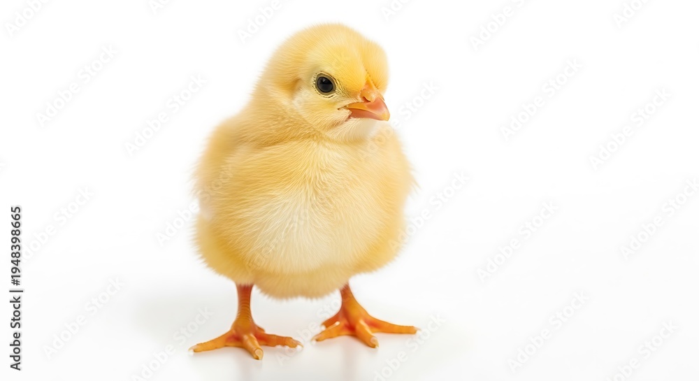Obraz premium Cute yellow baby chick standing on white background isolated
