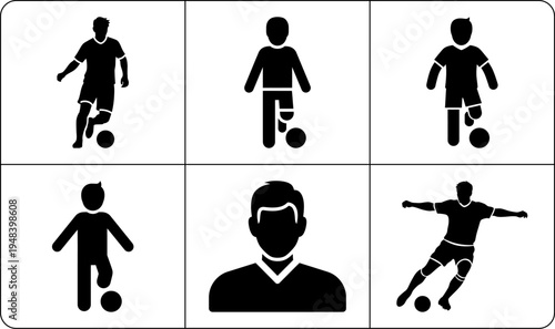 A set of black silhouettes depicting soccer players in different poses, showcasing athleticism and teamwork on a clean white background with a prominent silhouette.