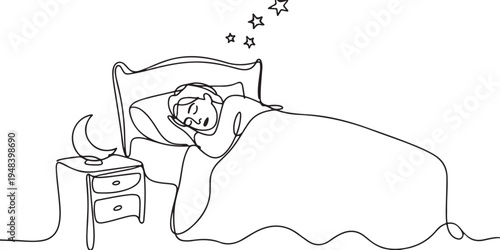 Person sleeping in bed with bedside moon lamp and stars