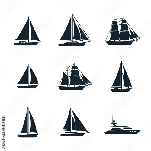 Collection of silhouetted sailing vessels and a modern yacht at sea