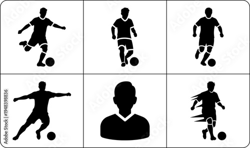 A collection of black soccer player silhouettes in different poses on a white background, showcasing various actions like kicking, running, and jumping, highlighting athleticism and movement.