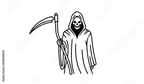 Minimal grim reaper skull with scythe outline icon vector illustration