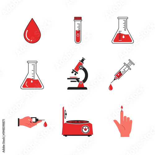 Medical diagnostics and laboratory equipment icons in a flat design
