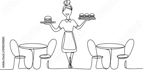Waitress Serving Burgers at Cafe Tables Line Art Keywords: waitress, serving, burgers, cafe