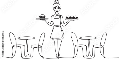 Waitress Serving Burgers at Cafe Tables Line Art Keywords: waitress, serving, burgers, cafe