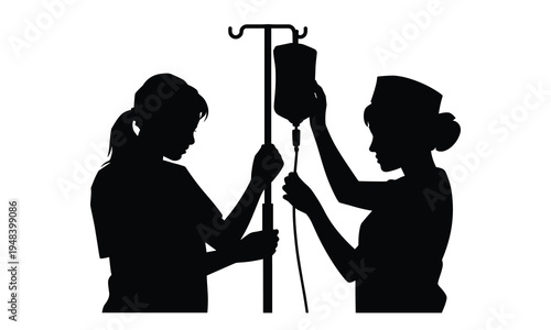 Vector silhouette of two nurses with IV drip