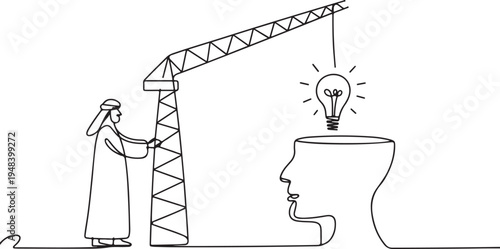 Crane lifts light bulb towards open human head silhouette