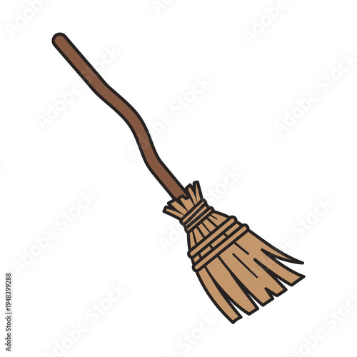 Cartoon illustration of a traditional brown witch s broomstick on white