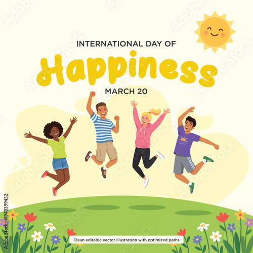 International Day of Happiness Celebration with Joyful Jumping People