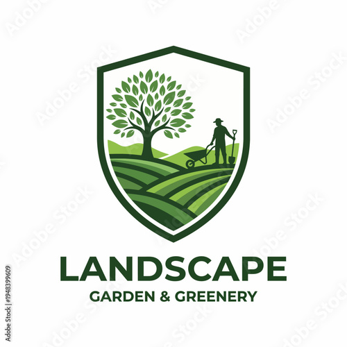 This vibrant illustration captures a lush landscape featuring a tree, fields, and a gardener working, symbolizing growth, nature, and environmental care in gardening.
