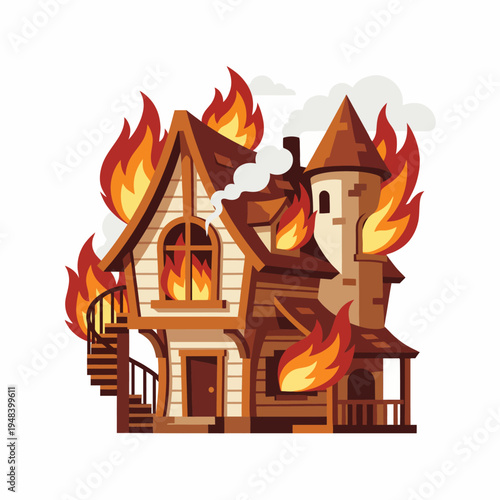 This dramatic image depicts a house engulfed in flames, highlighting themes of danger, emergency, and destruction, capturing the intensity of fire in a stylized manner.