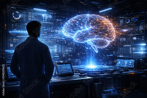 Scientist analyzes brain data in a futuristic lab with digital displays and artificial intelligence tools during a research session