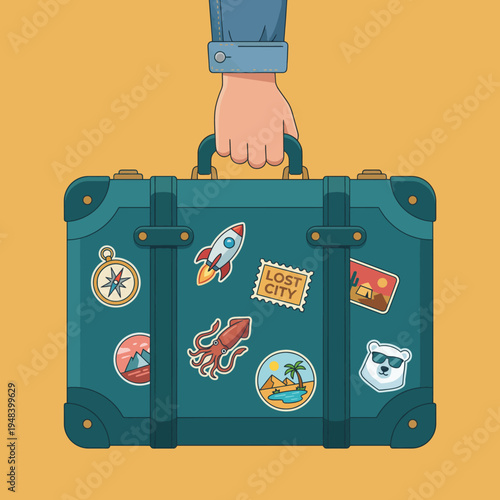 This colorful illustration of a travel suitcase adorned with stickers symbolizes adventure, exploration, and the excitement of travel, appealing to wanderlust and curiosity.