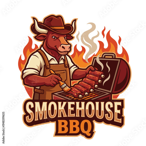 This lively image showcases a bull character grilling barbecued ribs, surrounded by flames, emphasizing the joy of outdoor cooking, family gatherings, and food culture.