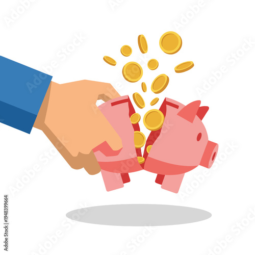 A vibrant illustration of a piggy bank being broken open to reveal coins, representing the concept of saving, financial goals, and economic well-being.