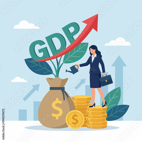 A professional illustration depicting GDP growth through a woman watering a money bag and coins, symbolizing economic development and financial prosperity.