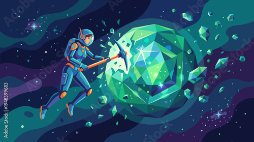 An imaginative depiction of an astronaut mining a sparkling green gemstone planet, blending themes of science fiction, exploration, and discovery in a vibrant cosmic setting.