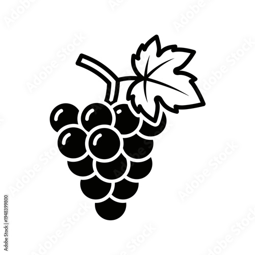 Black and white illustration of a bunch of grapes with a leaf
