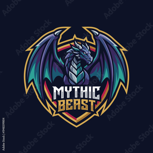 This vibrant emblem features a powerful dragon with outstretched wings, symbolizing strength and majesty, suitable for branding in fantasy-themed projects and merchandise.