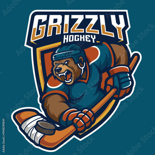 A fierce grizzly bear hockey player highlights strength and teamwork, perfect for sports branding within the ice hockey community, symbolizing passion and competition.