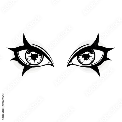 A pair of stylized dramatic eyes with exaggerated eyelashes are shown