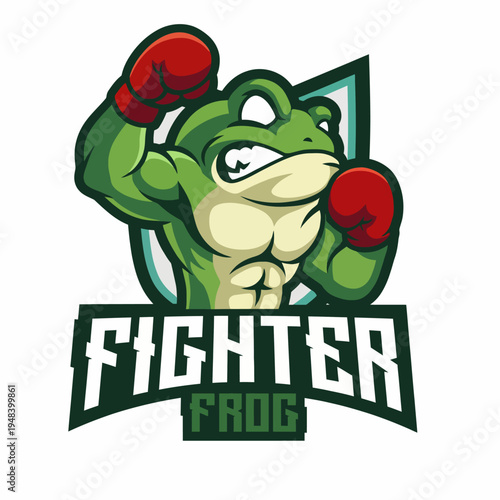 A stylized fighter frog illustration featuring a muscular figure, gloves, and a bold design that embodies strength and energy, perfect for sports or gaming branding.