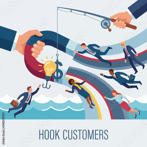 An engaging visual of business professionals being 'hooked' by a giant magnet, representing the concept of attracting customers through creative marketing strategies.