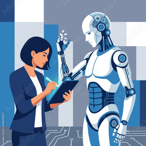 A human working with a robotic counterpart, highlighting the collaboration between technology and people in tasks, showcasing progress and innovation in our daily lives.