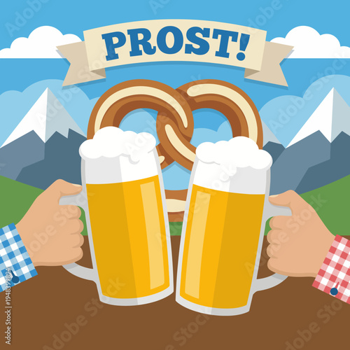 This vibrant illustration captures the joy of a toast with two frothy beer mugs and a pretzel, set against a picturesque mountain backdrop, embodying celebration.