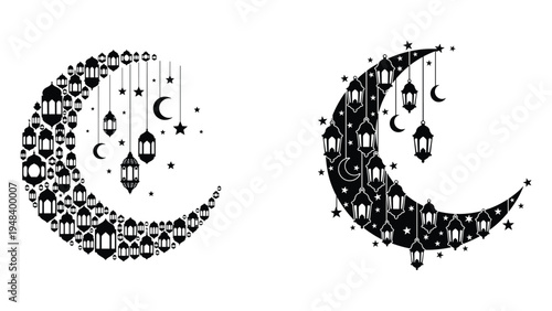 Crescent moon shape made of hanging islamic lanterns for eid decorationCrescent moon shape made of hanging islamic lanterns for eid decoration