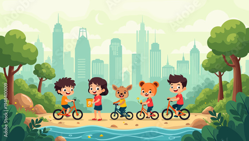 A vibrant illustration of a young boy enjoying a bike ride along a path in a lush green park, perfect for representing outdoor activities, health, and
