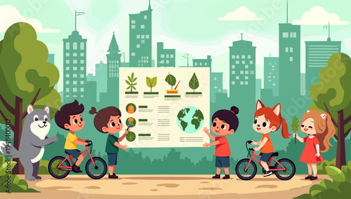 This cheerful illustration depicts a young boy happily riding his bicycle alongside a friendly wolf in a park setting, conveying a sense of companions