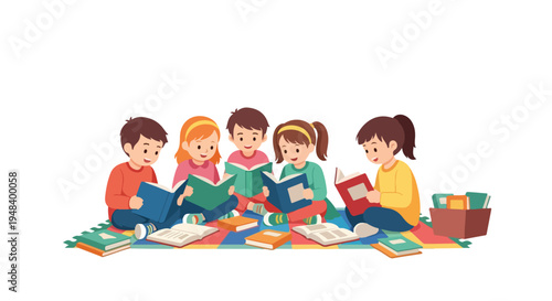 Five diverse young children are happily sitting on a colorful mat, deeply engrossed in reading various books, surrounded by a stack of books and a wooden crate.