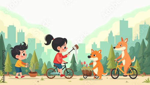 A charming illustration of a young boy carefully tending to a plant. Perfect for representing growth, nurturing, environmental care, or childhood educ