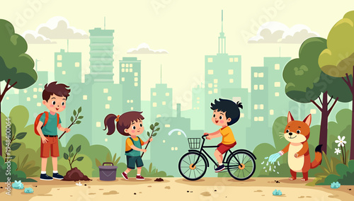 A cheerful illustration of a young boy enjoying a nature walk. Ideal for educational content, children's products, or promoting outdoor lifestyles and