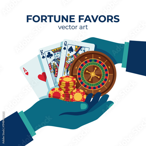 A visually intriguing depiction of hands holding playing cards and a roulette wheel, embodying luck, gambling, and the thrill of chance in various scenarios.