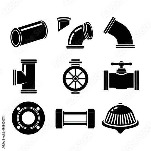 Collection of black pipeline components and fittings in a graphic design