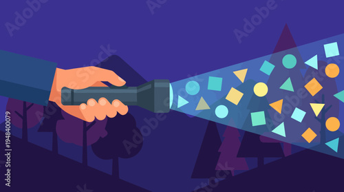 This imaginative image illustrates a hand holding a flashlight that projects colorful geometric shapes, symbolizing creativity and innovation in a captivating visual display.