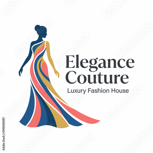 This stylish logo showcases an elegant figure in a flowing couture dress, embodying luxury and sophistication, ideal for a fashion brand’s identity and branding purposes.
